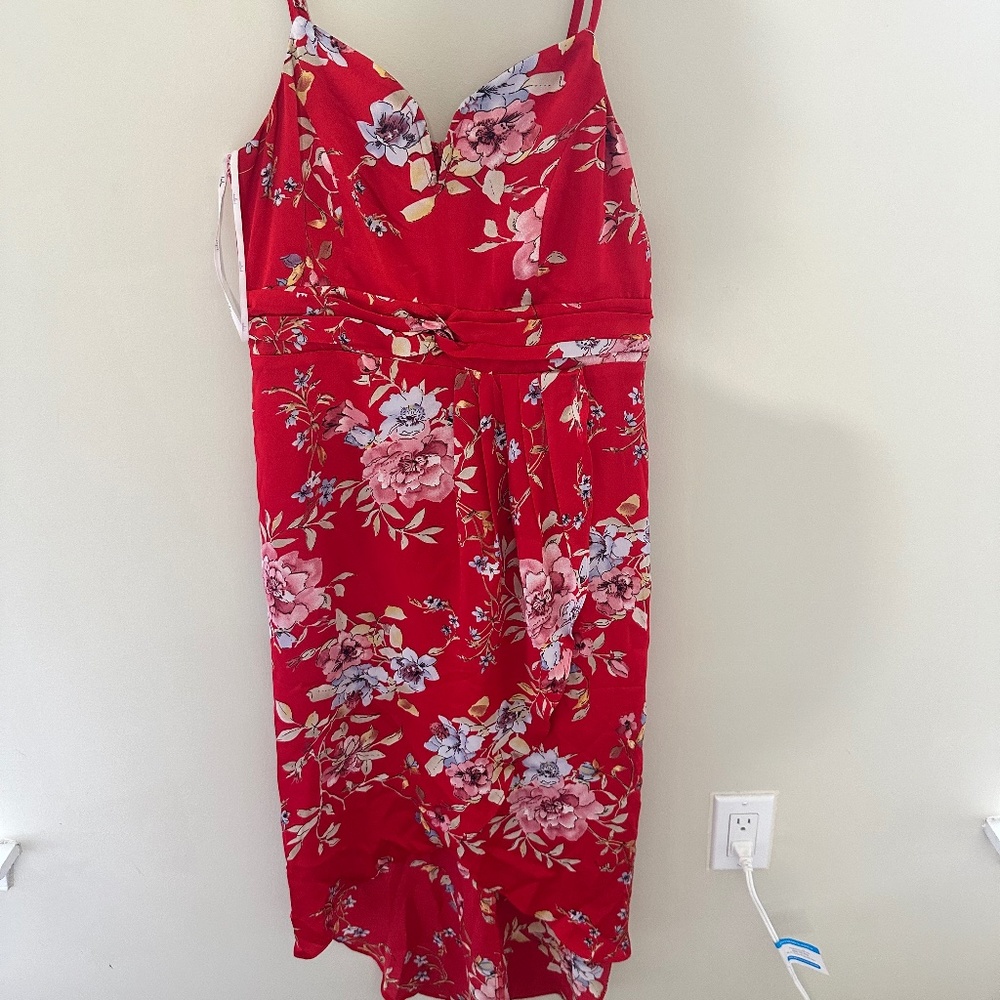 Lulus My Favorite Day Red Floral Print Tulip Skirt Midi Dress Large